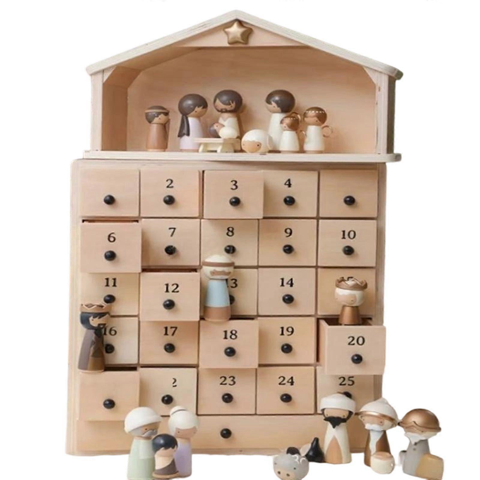 The Rescuer Nativity Advent Set, Wooden Calendar Advent with 25 Drawers, Handpainted Resin Figures