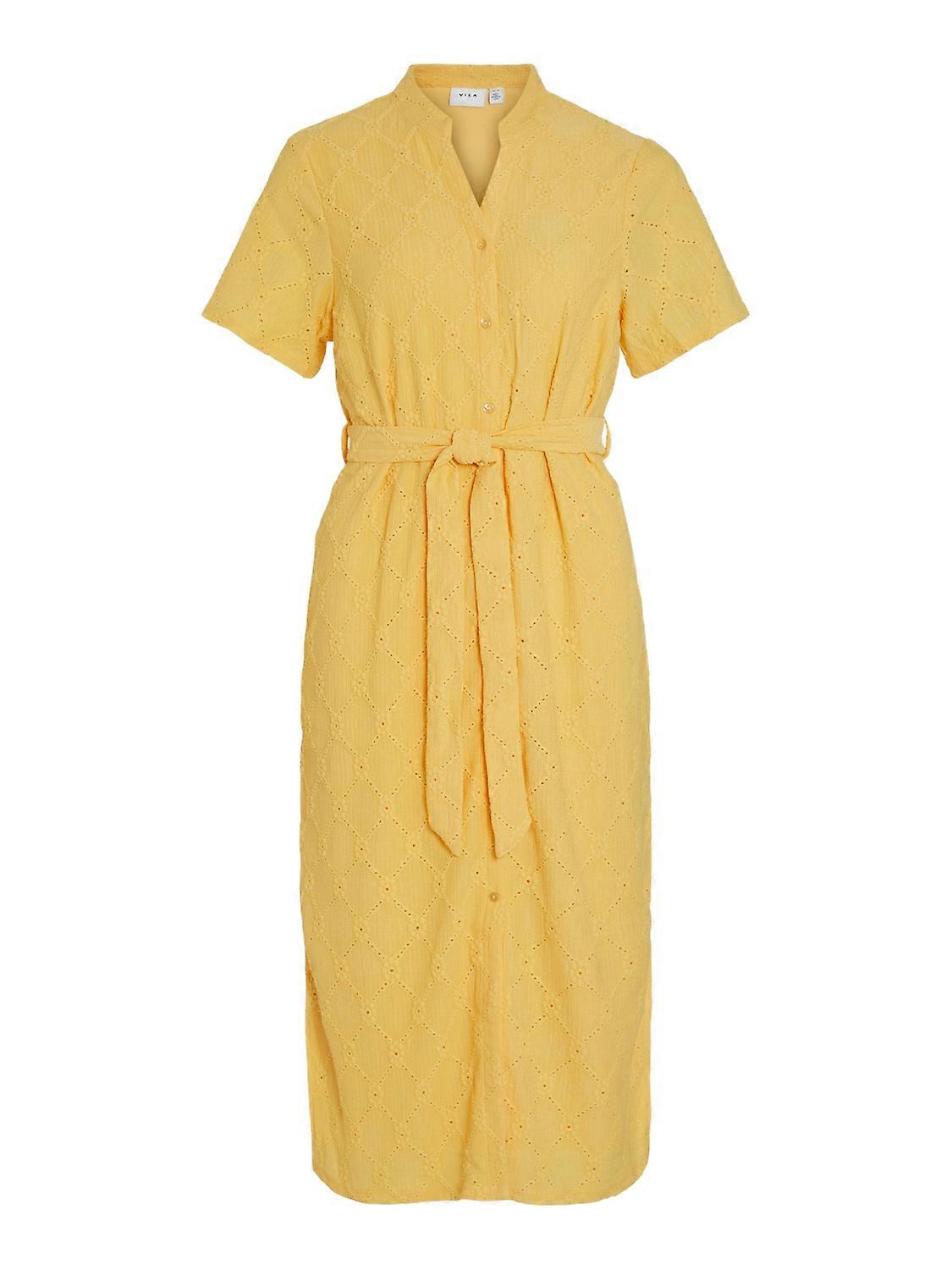 VILA Femmes Robe Manches Courtes Bouton Devant Taille Ceinture Midi Robe