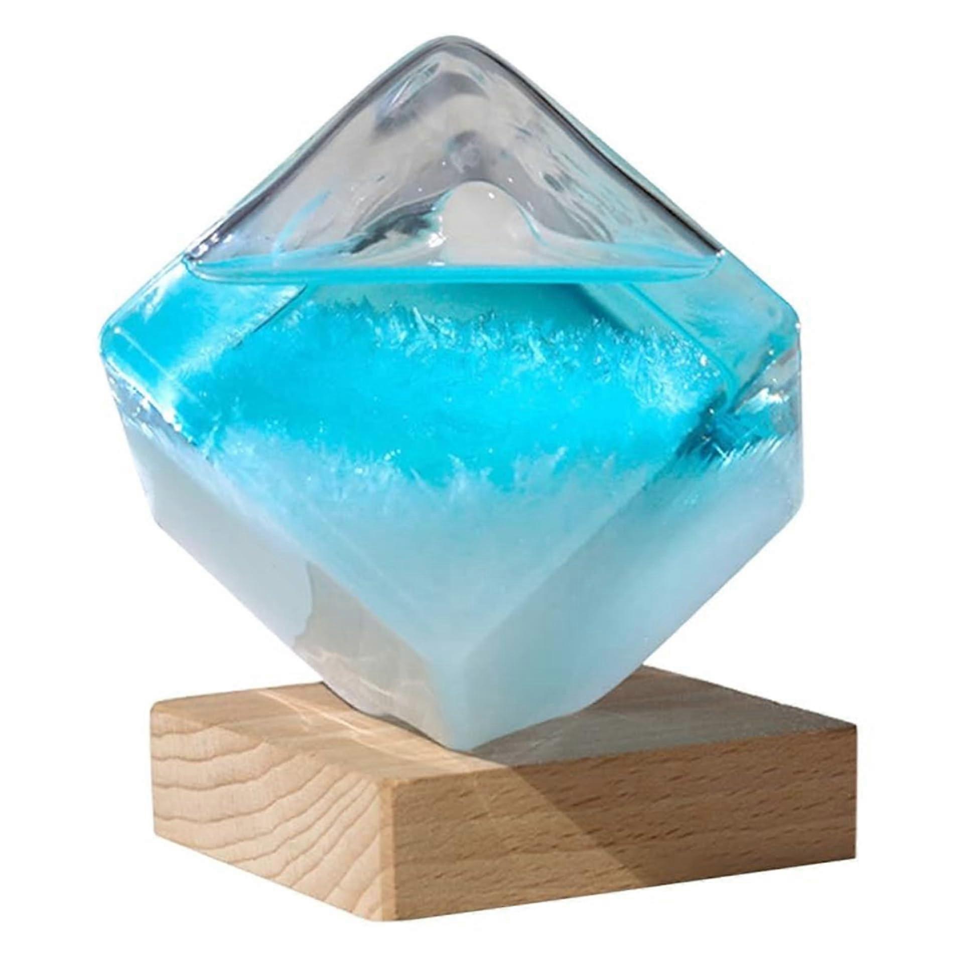 Storm Glass Weather Forecaster with Wooden Base, Crystal Blue Cube for Accurate Prediction and Home Decor