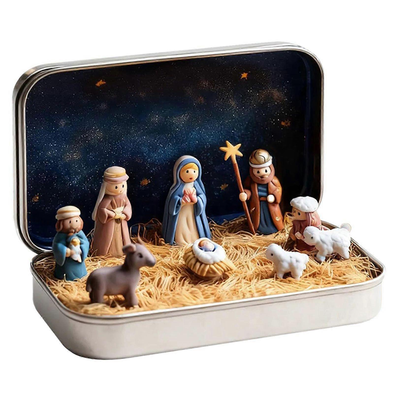 Mini Xmas-Nativity Set in a Tin Box Portable Pocket Size Nativity-Scene Present Tin Box Nativity-Sets Figures Xmas Decor Indoor for Home Decor