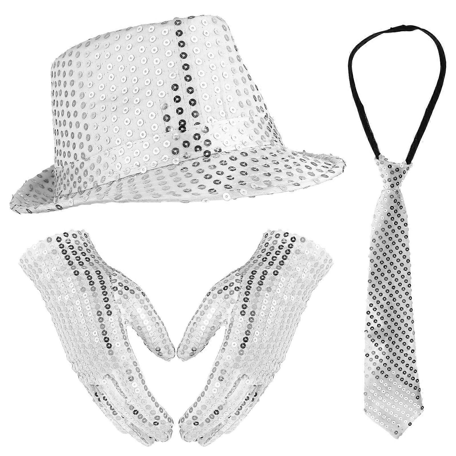 Satin Jazz Hat and Gloves Set with Shiny Sequins for Performance Comfortable and Durable Silver 1 Set