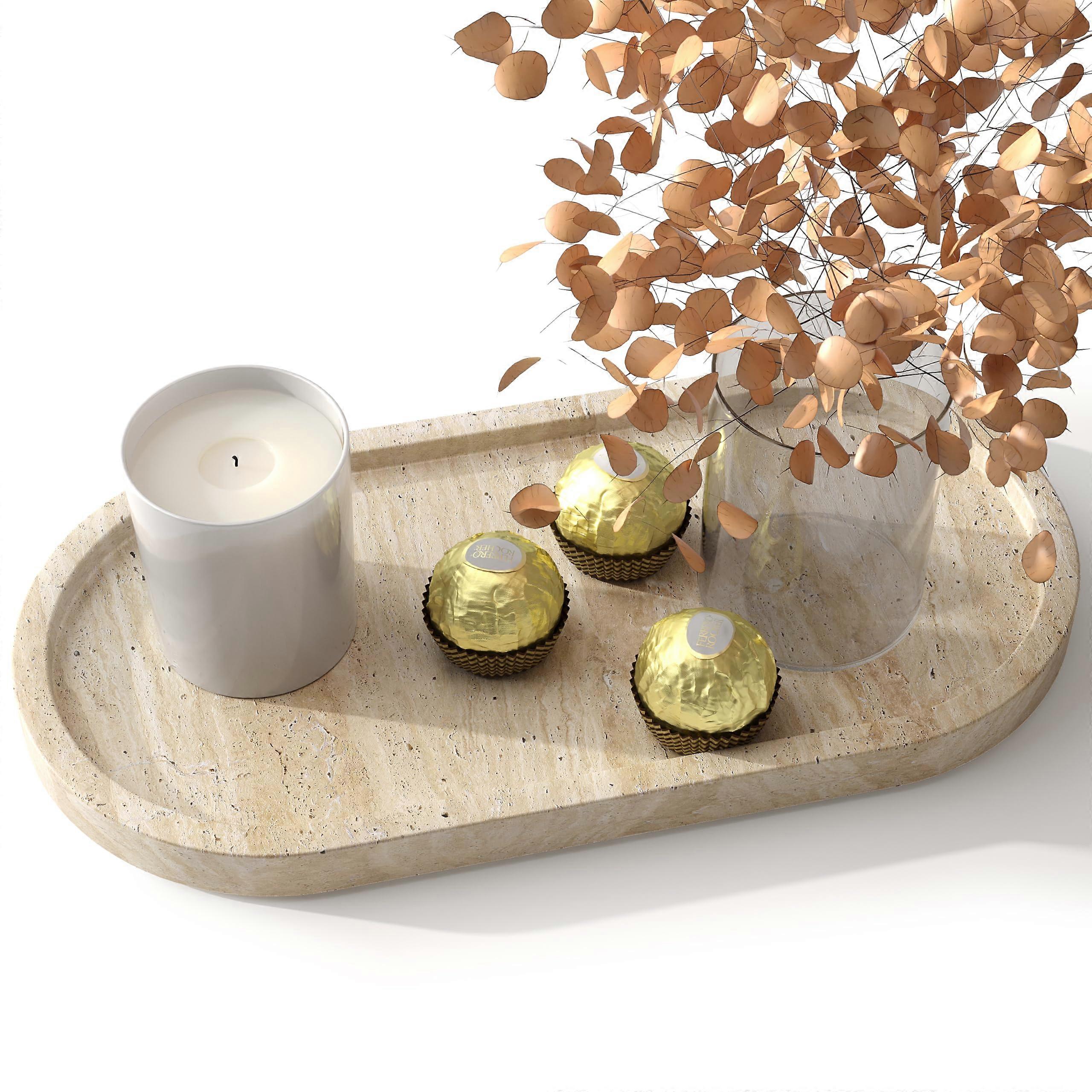 Natural Marble Vanity Tray Organizer 12x6 Inch for Bathroom or Kitchen, Beige Travertine Rectangular