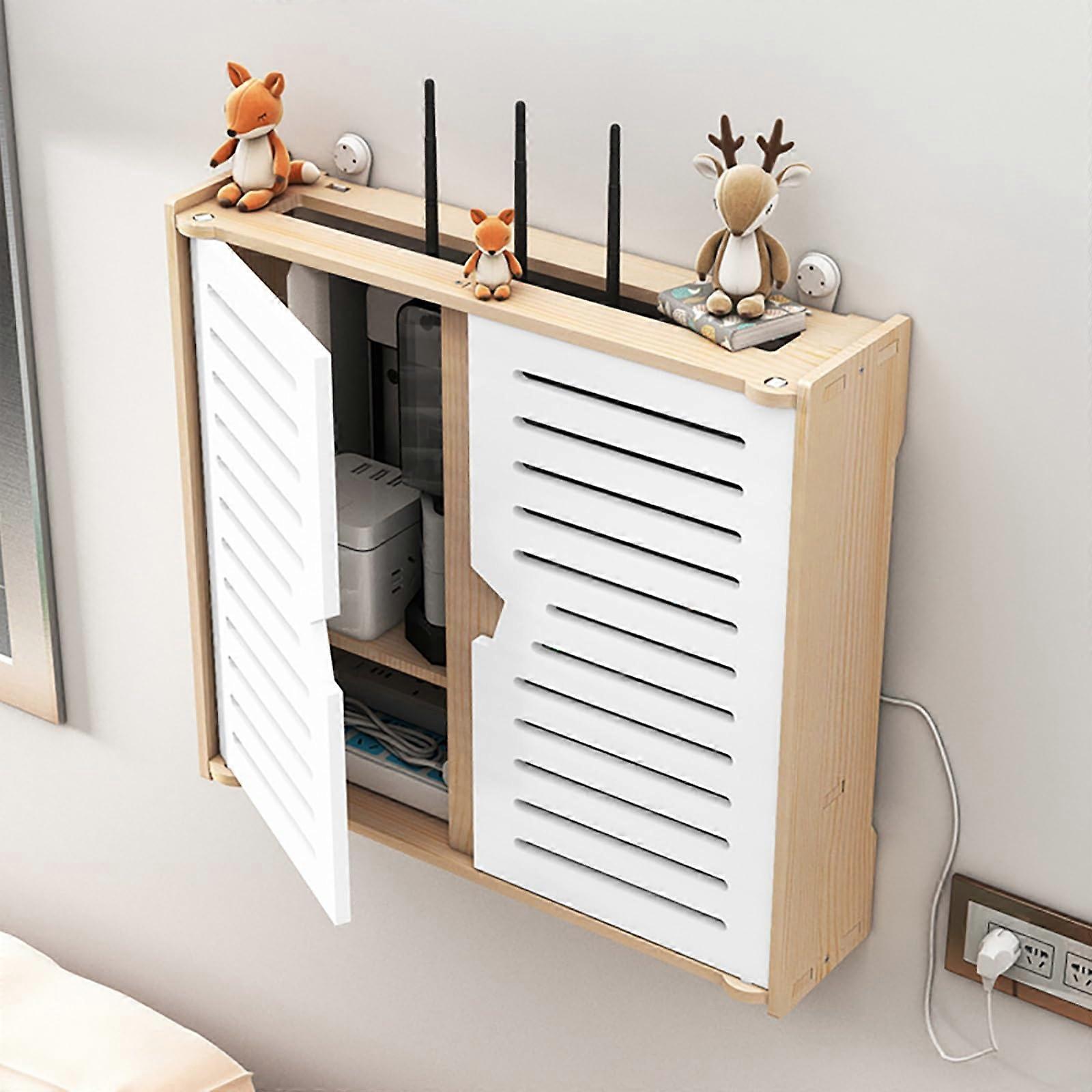 Wooden Wall Mounted WiFi Router Shelf with Ventilation and Cable Management, 42x33cm
