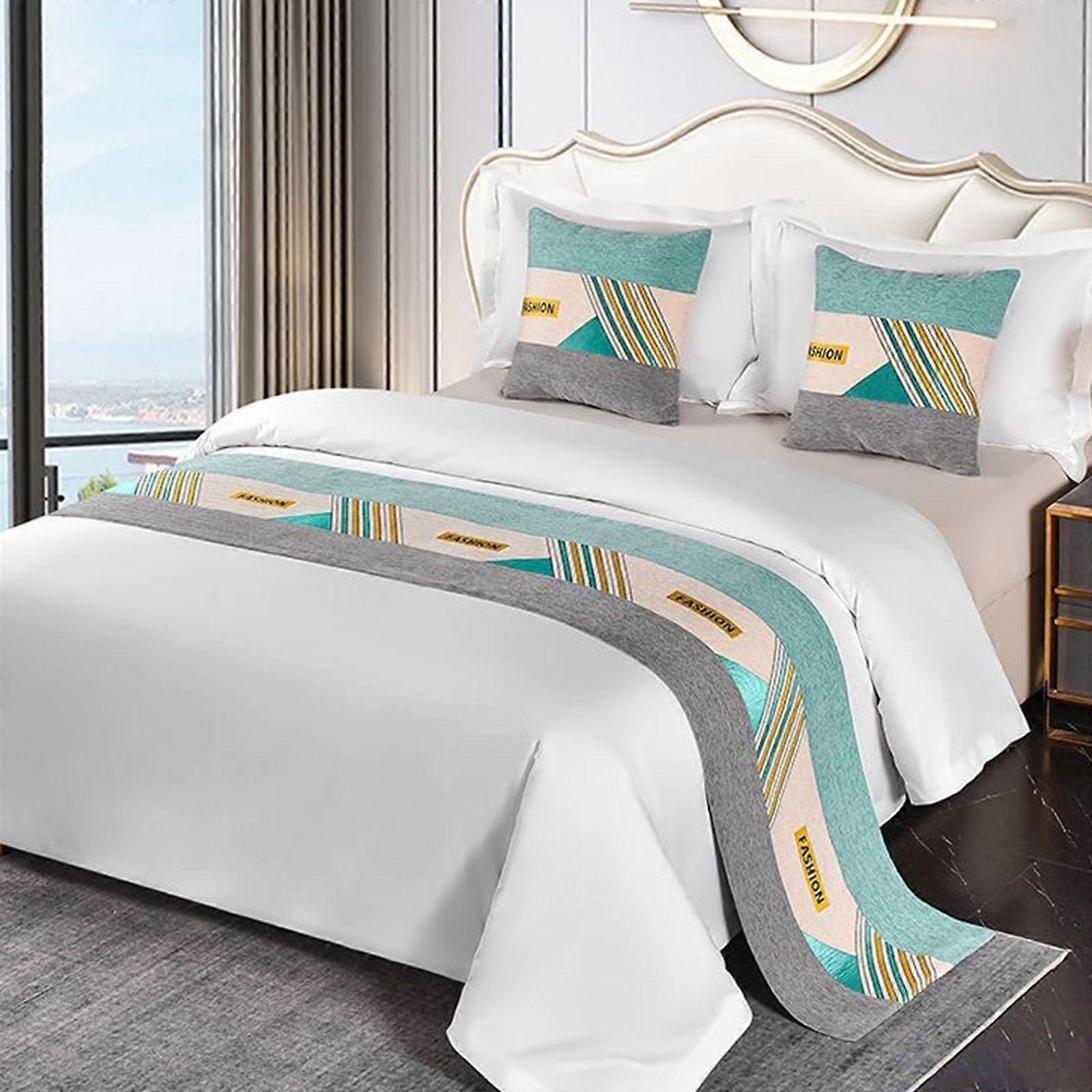 Bed Runner Hotel Bed Scarf Blue Splicing Design 50x210cm Polyester for Queen Size Bed