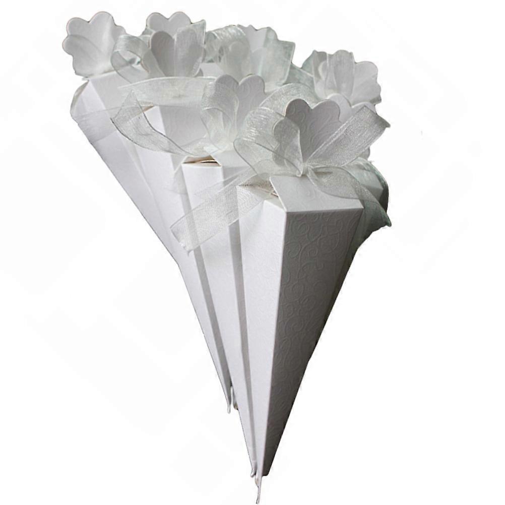 White Wedding Treat Box with Chiffon Ribbon and Ice Cream Cone Design for Party Favors and Storage Use 50pcs