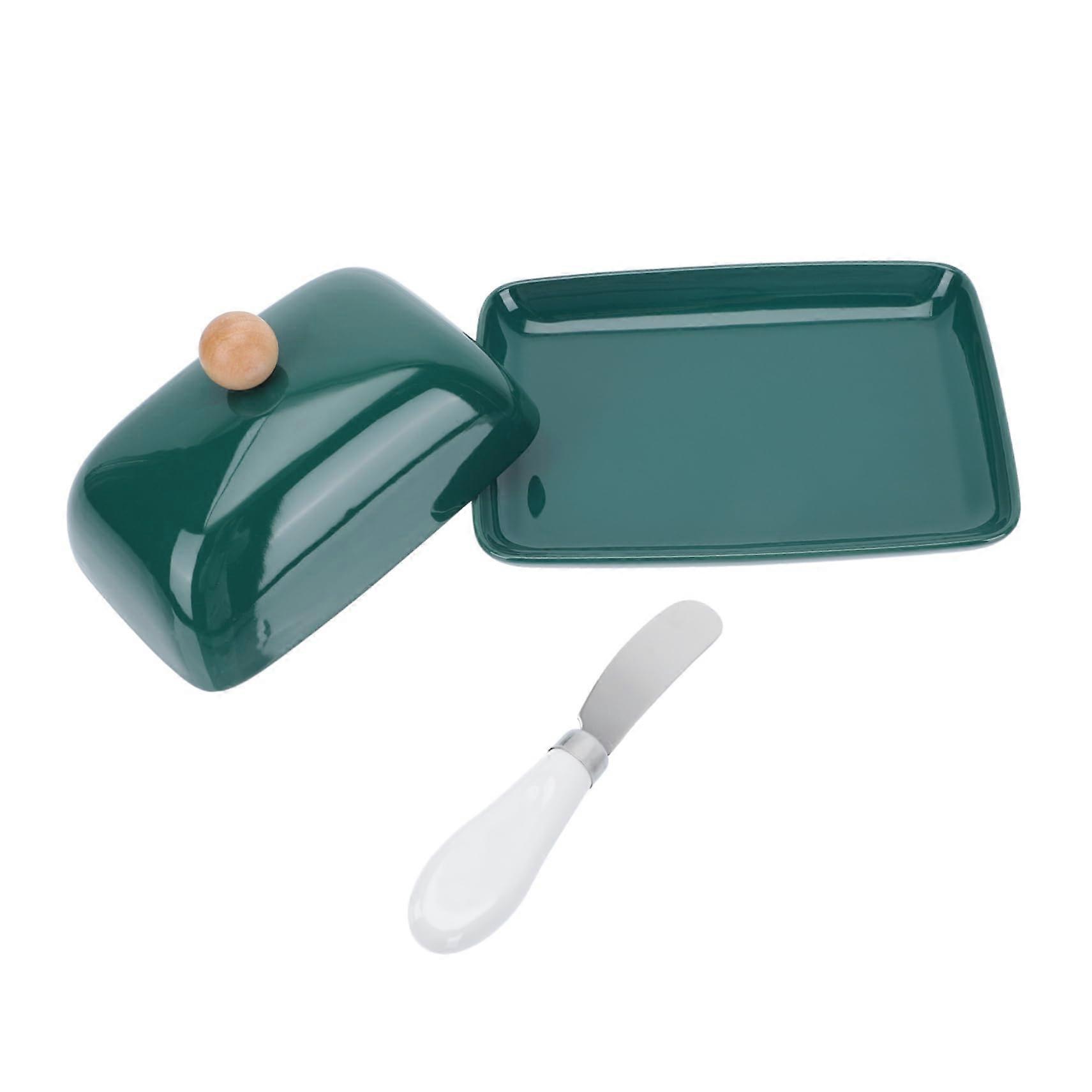 Ceramic Butter Dish with Lid and Cutter, Elegant Rectangular Tray for Cheese and Snacks, Microwave Safe