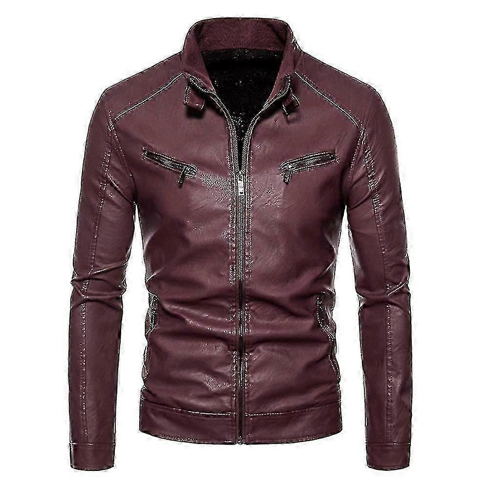 Men's Slim Solid Color Stand Collar Pu Leather Jacket