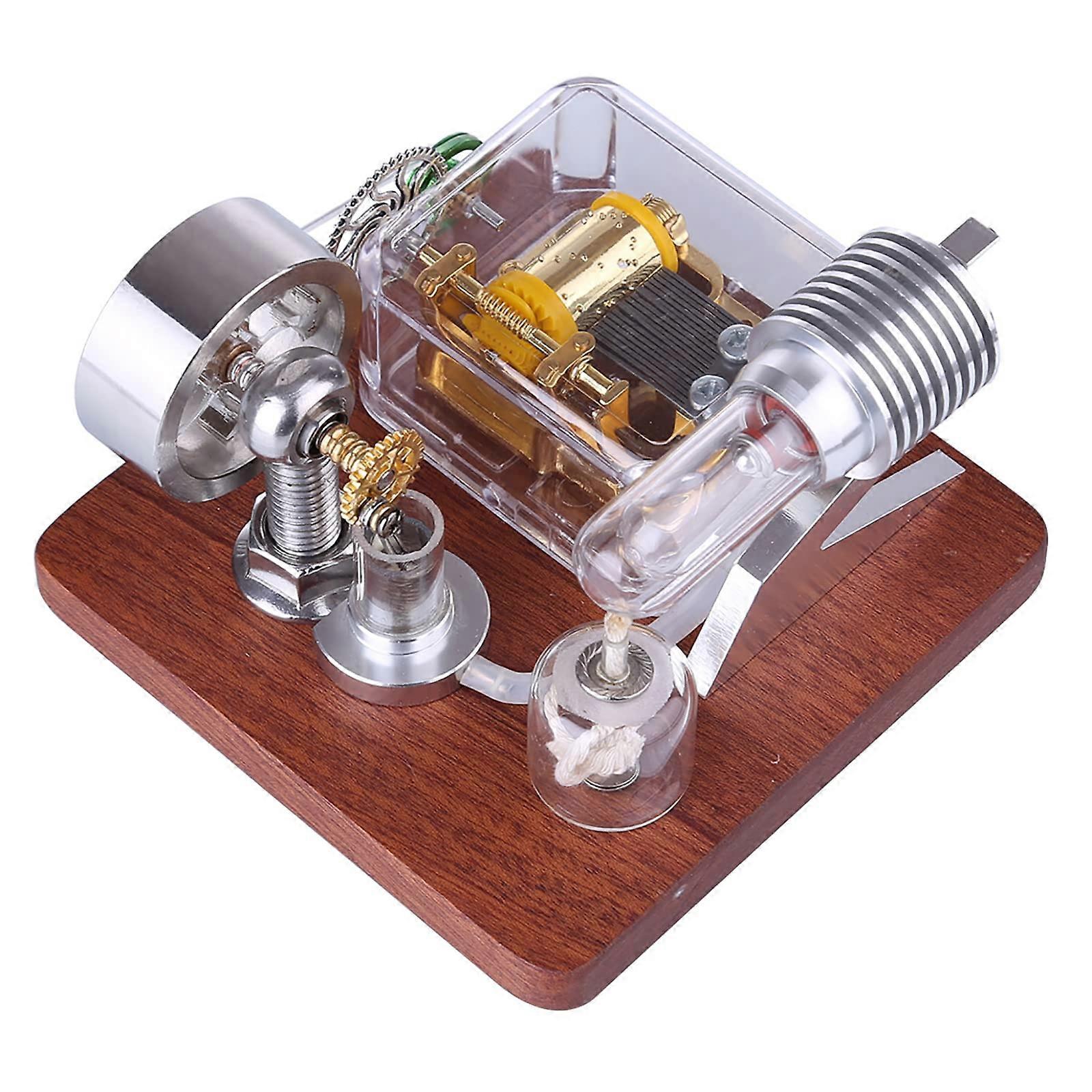 Stirling Engine Model with Music Box, Educational Physics Toy on Elegant Wooden Base for Students