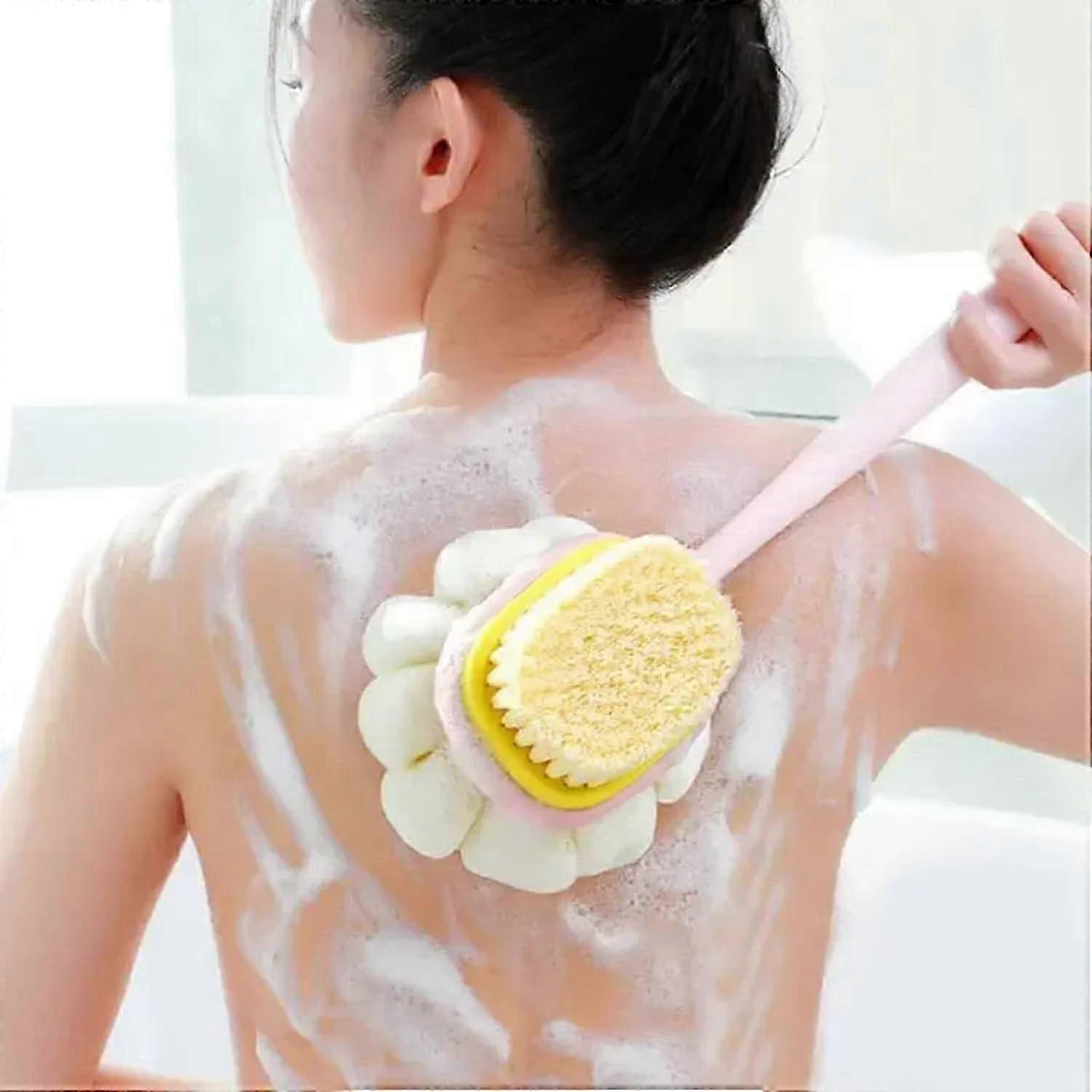 Pink DualSided Bath Brush with Long Handle Back Scrubber for Gentle Exfoliating Shower