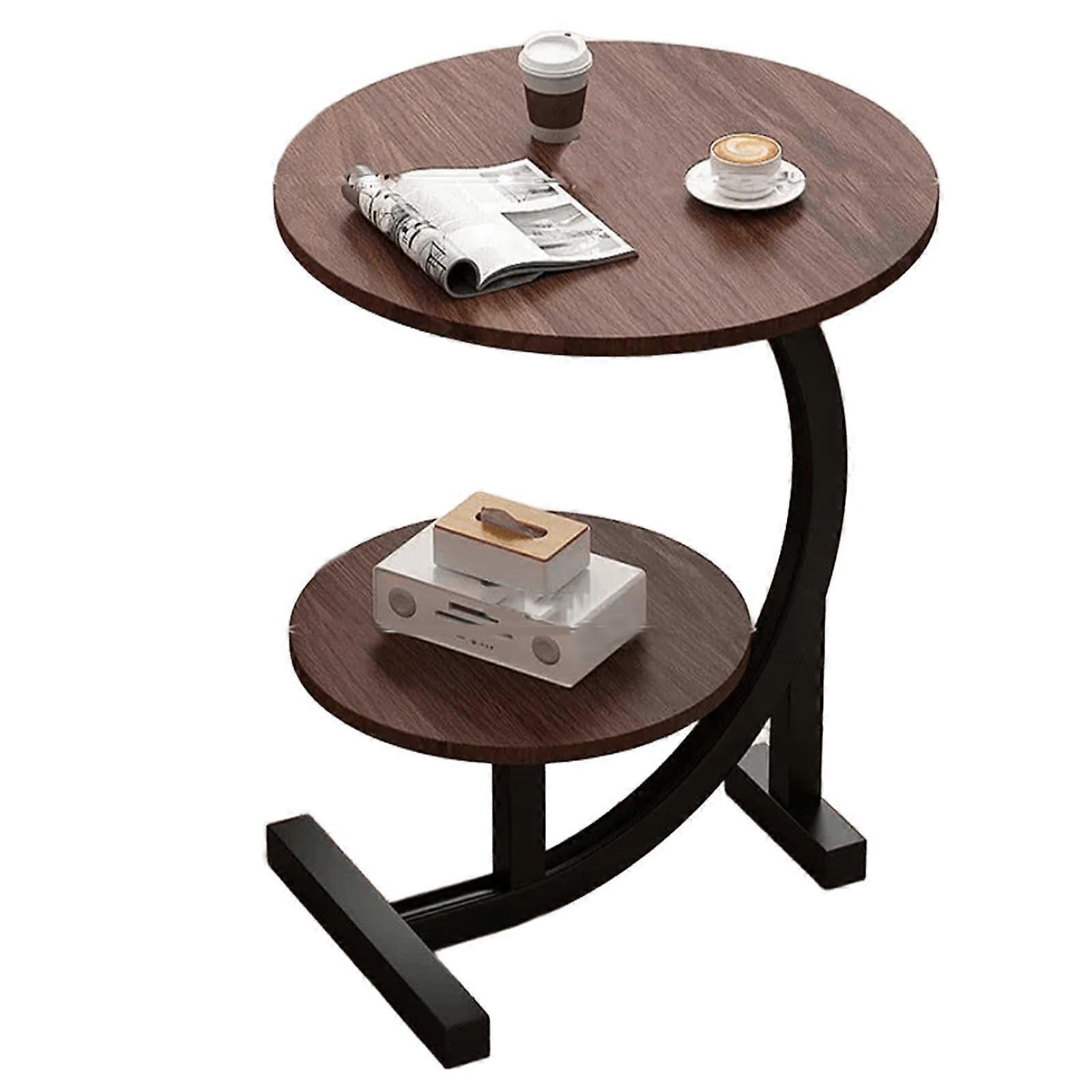 Round Side Table with DoubleLayer Storage, CShaped Wooden Bedside Table in Brown Italian Style