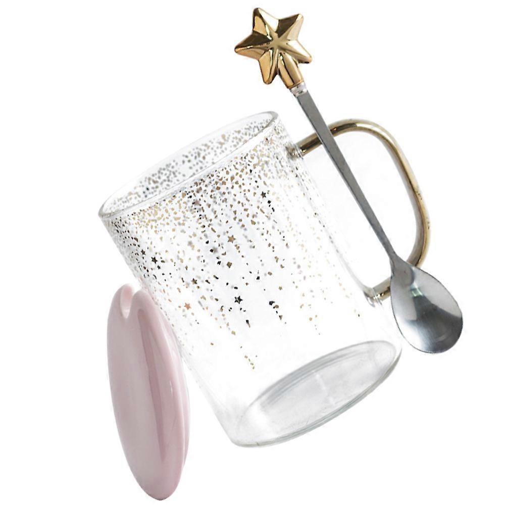 Clear Glass Cups With Lids Pink Star-Shaped For Serving Tea 1 Set