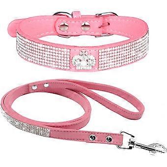 Set di collare e guinzaglio per cani, carino, scintillante, elegante, morbido, in pelle scamosciata, con strass e cristalli, per animali domestici, gatti e cuccioli.