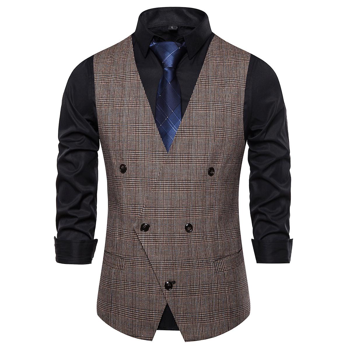 Cloudstyle Men's Double Breasted Checked V Neck Casual Vest