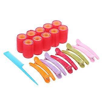 Selbstgriffige Haarrollen Set 30pcs Selbstklebende Nylon Haarlocken mit 10pcs Entenschnabel Clips 1pcs Kamm Portable DIY Friseur Werkzeug für Frauen