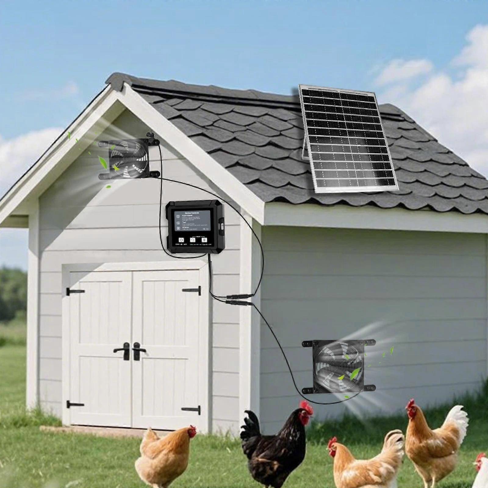 Solar-Powered Chicken Coop Cooling System Dual Fans Automatic Light-Sensor Start/Stop + Adjustable Timer