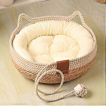 Round Cat Bed 3 Pcs Set, Fluffy Cat Nest with Ball Toy Tail, Removable Cushion and Breathable Handle, All-Season Pet Bed for Cats and Small Dogs