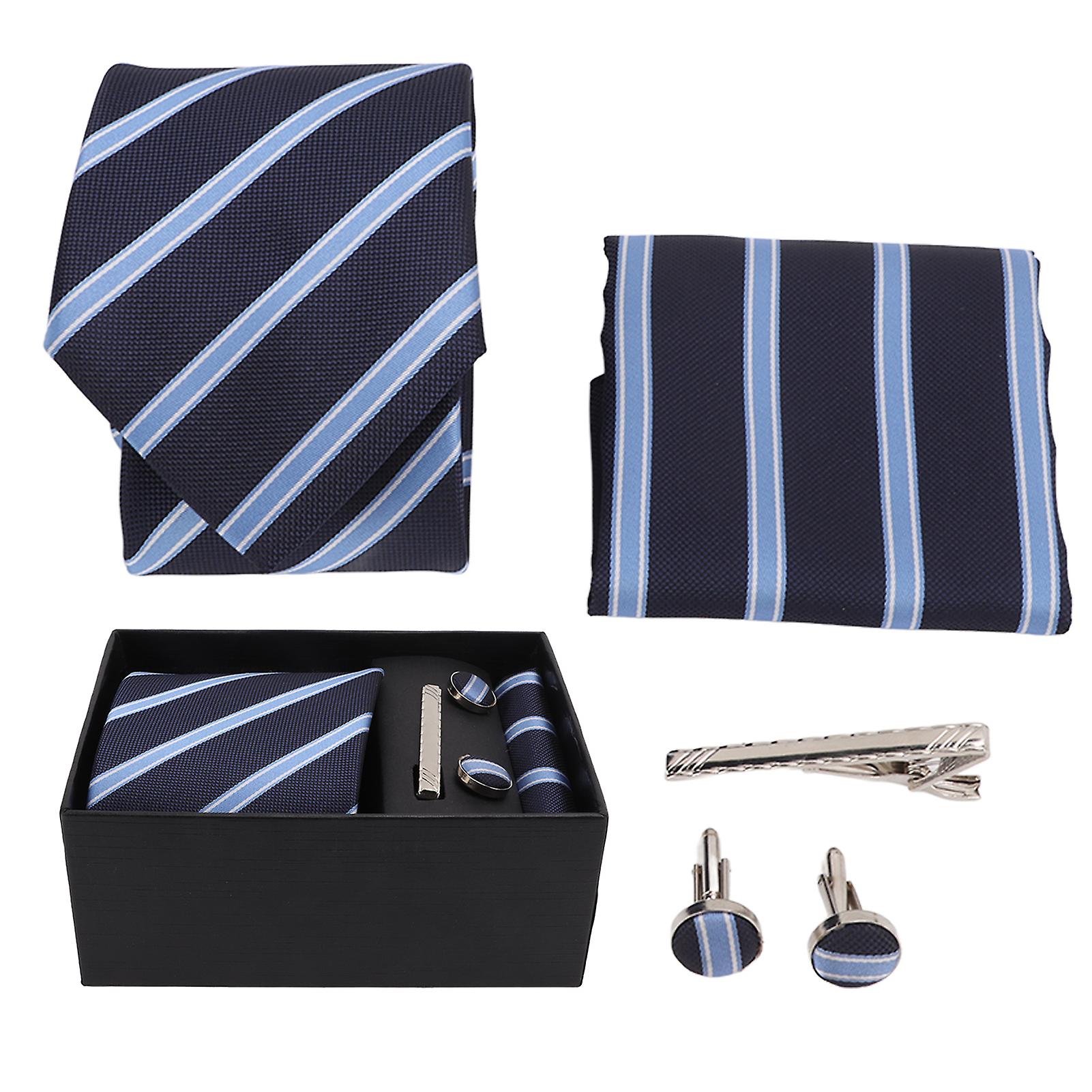 Stripe Design Men's Tie Set - Handkerchief, Tie Clip, and Cufflinks for Durable Business and Leisure Style