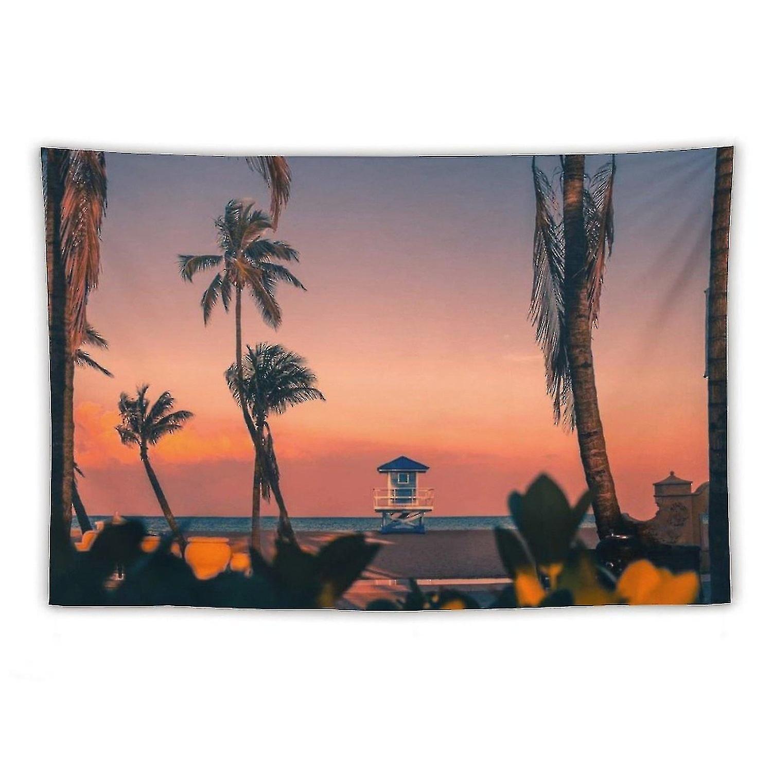 Palm trees print art tapestry on summer sunset sky