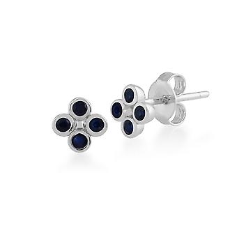 Floral Round Sapphire Bezel Set Clover Stud Earrings in 925...