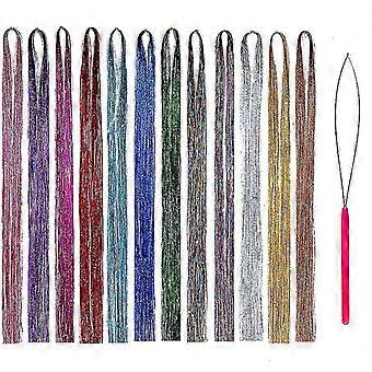 Haar klatergoud Kit strengen met Tool 47inch 12 kleuren strengen Fairy haar klatergoud Kit Hair Extensions sprankelende Glitter glanzende zijde klatergoud (12 kleuren)