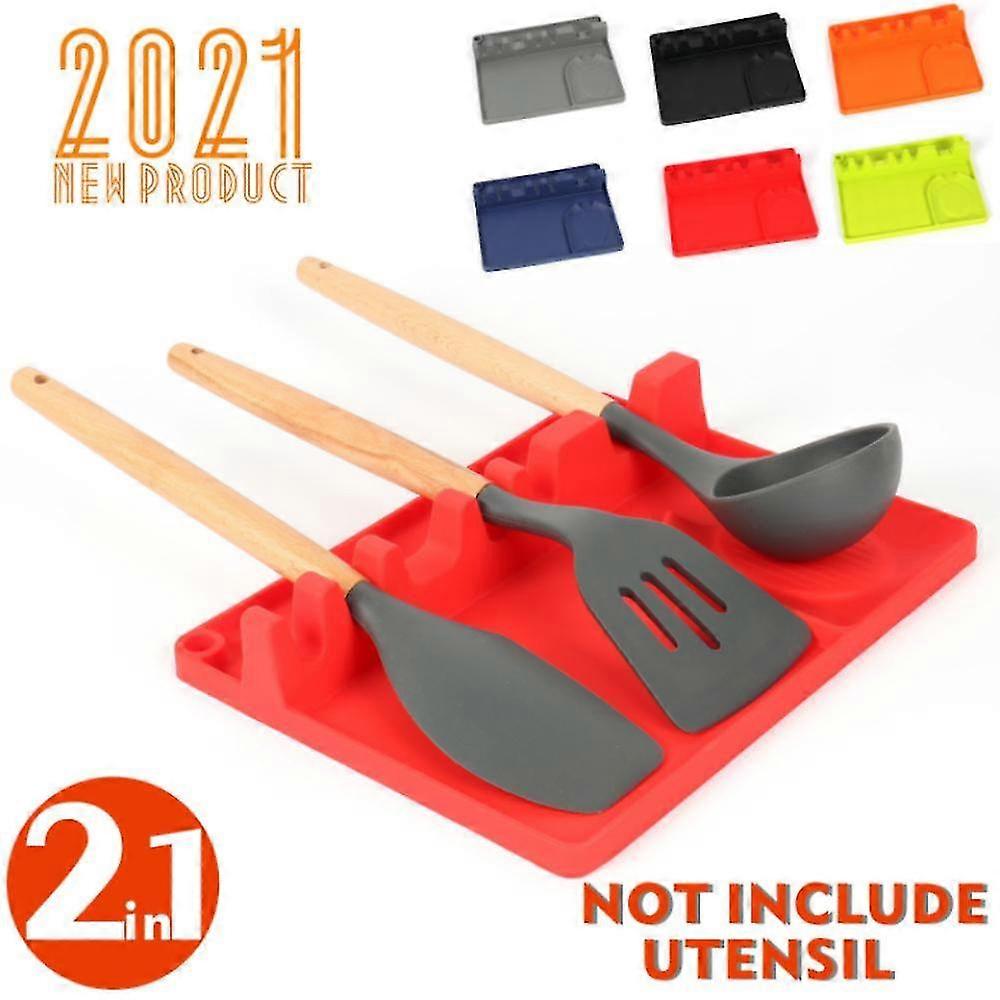 Silicone Spoon Rest 2 In 1 Larger Size Silicone Spoon Holder For Stove Top, Upgraded Utensil Rest With Drip Pad Include 5 Slots & 1 Spoon Holder, Easy