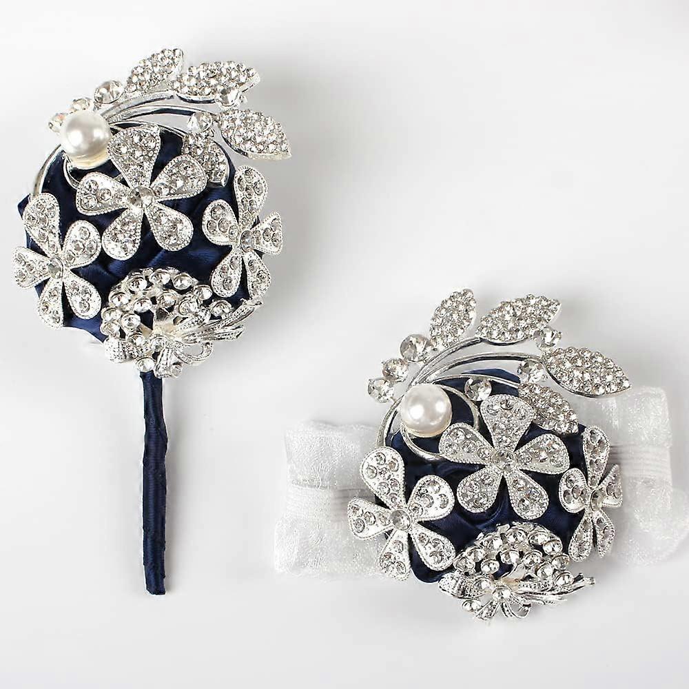 Handgelenk Corsage mit Perlen und Strasssteinen Hochzeit, Party Corsage und Corsage Set (Marineblau, 2 Stück)