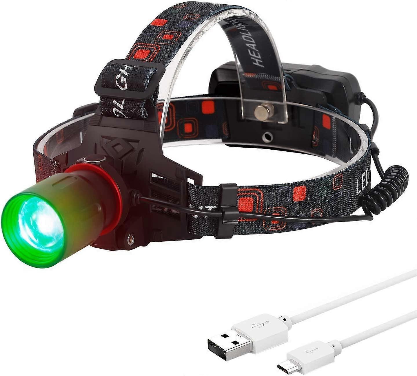 Green LED Hunting Headlamp Tactical XM-T6 Green LED Headlight Rechargeable Night Hunting Light Waterproof Zoomable Headlights for Hunting Coyote Hog V