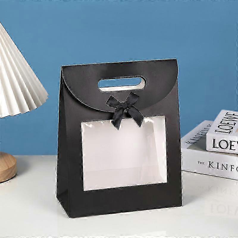 Sac cadeau en papier résistant, 26 cm x 19 cm x 9 cm, sac kraft brun avec fenêtre transparente et arc - Paquet de 12