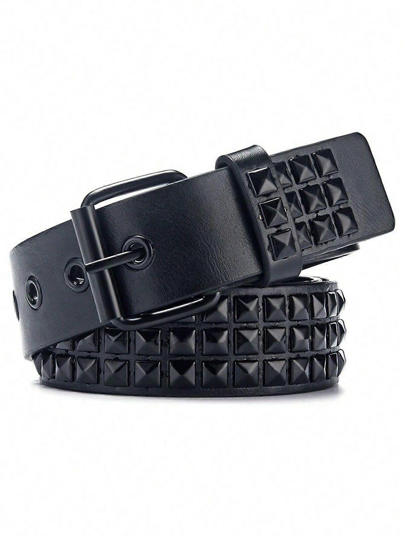 Street 1pc Square Bead & Pyramid Studs Decor Punk Style Unisex Leather Belt, Suitable For Daily Wear Halloween