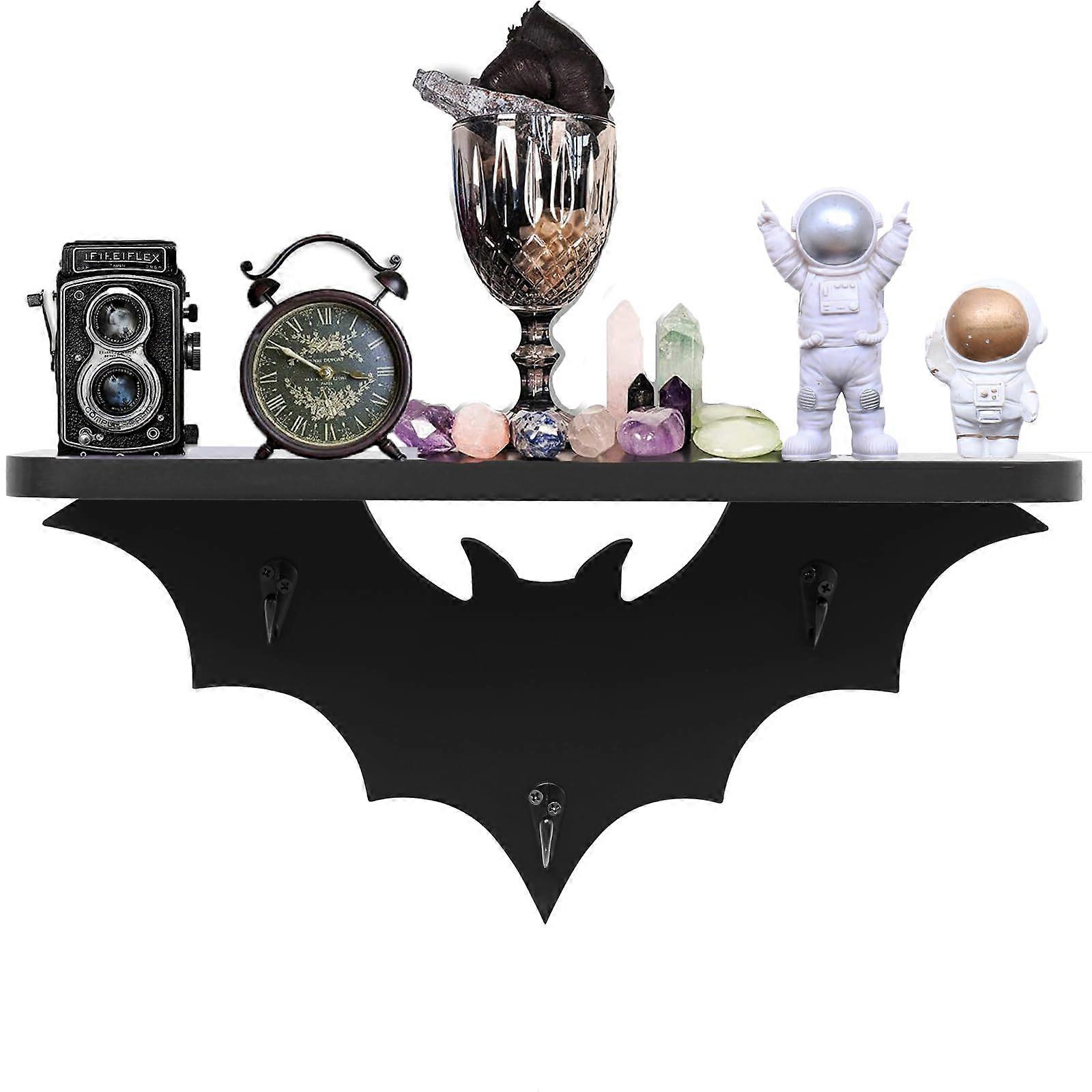 Black Bat Floating Wall Shelves Gothic Halloween Decor For Bedroom With 3 Hooks Hanging Wall Shelf