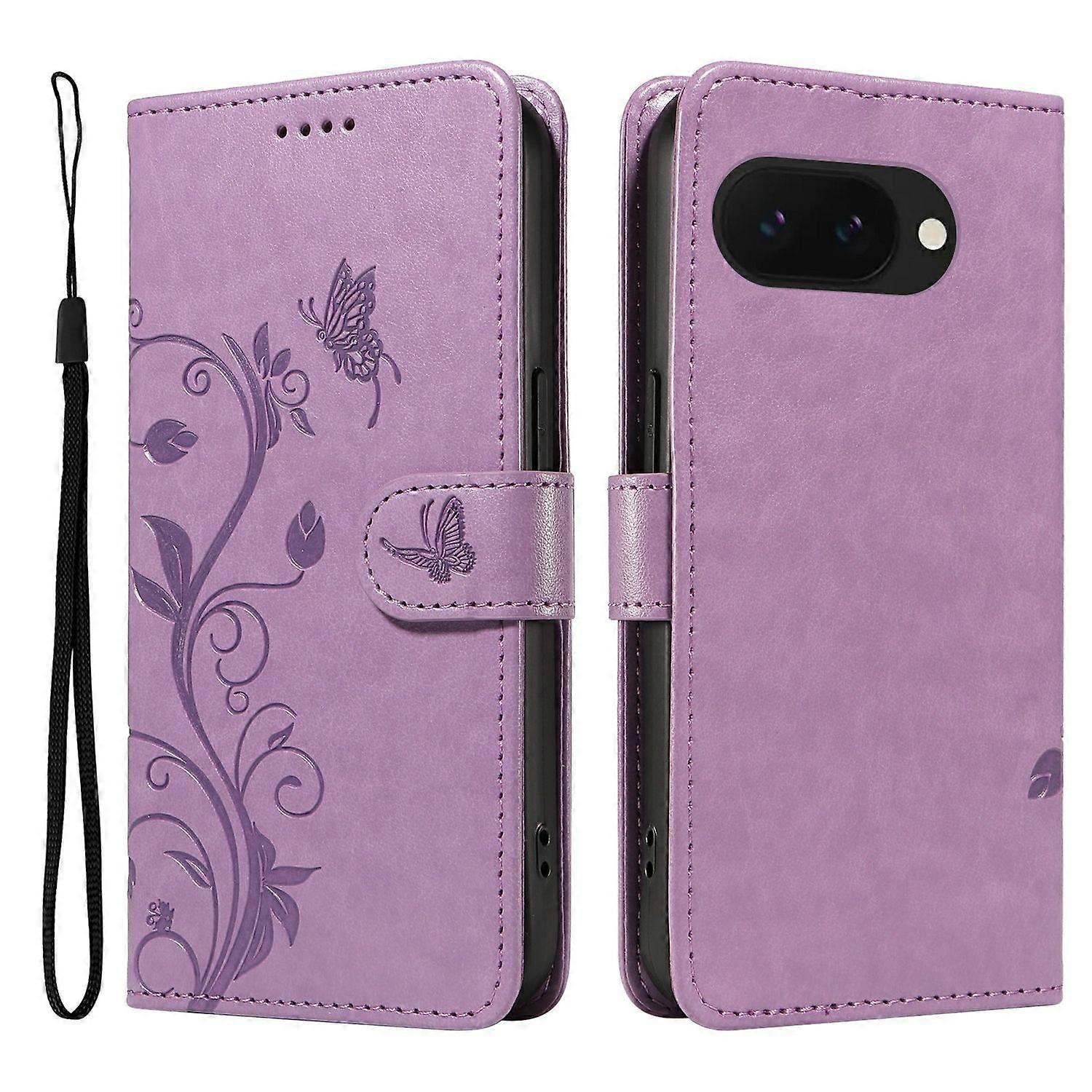 For Google Pixel 9a Case Flower Pattern PU Leather Wallet Phone Cover-Light Purple