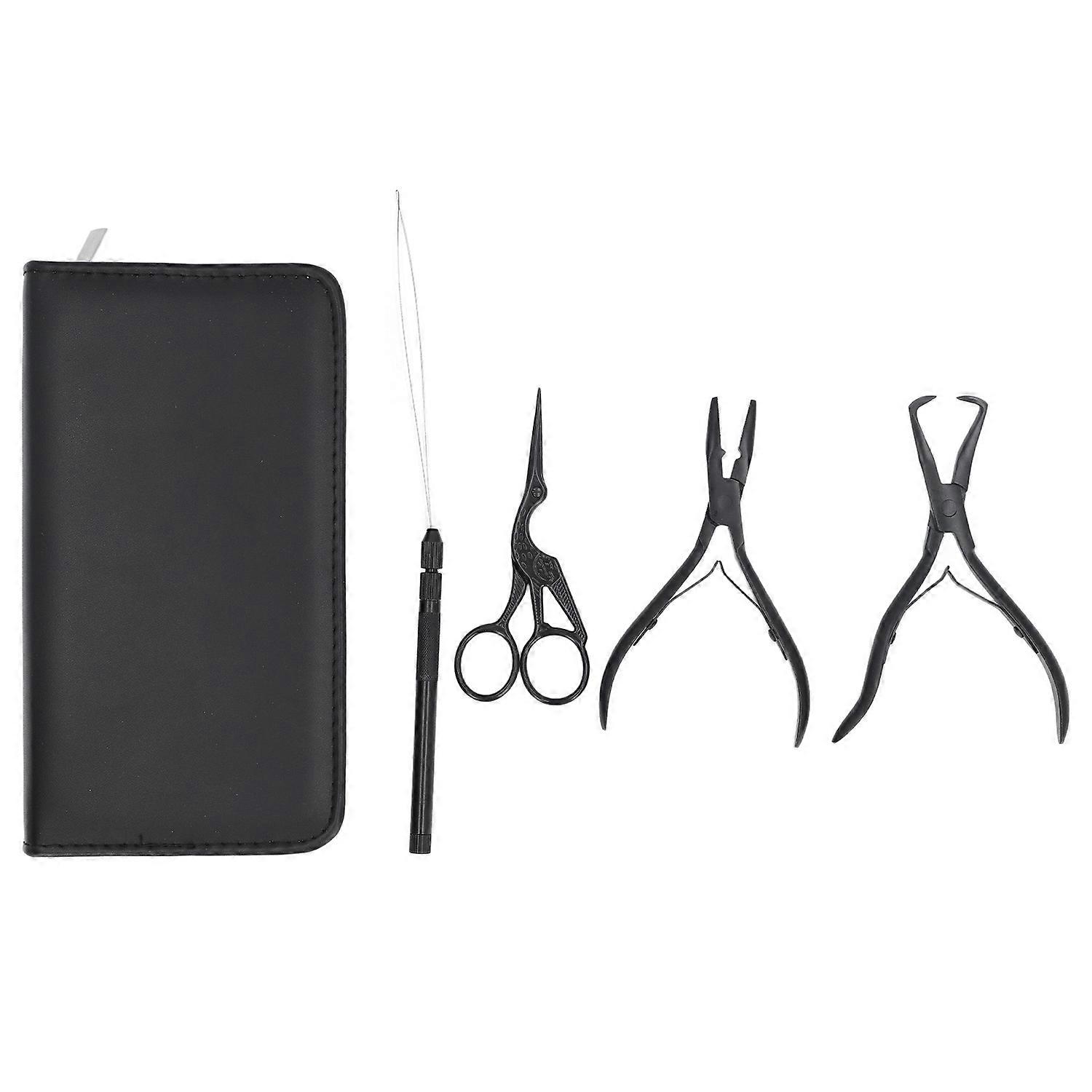 4pcs Hair Extension Tools with Pliers Wire Loop Beading Hook Needle Small Scissors Storage Bag Profe