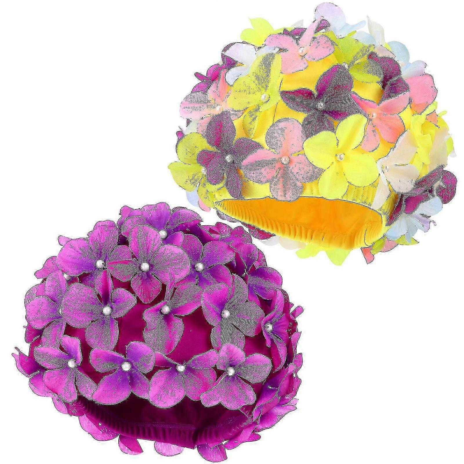 2 Pcs Women Swimming Caps Floral Swim Caps Breathable Elastic Swim Caps With Flowers Petal Bathing Hats