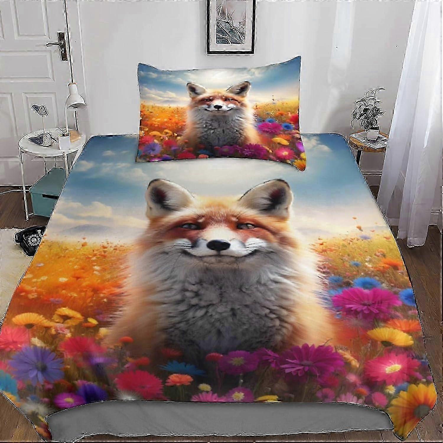 J219 Lençóis Bonito Fox 3D Conjunto de Cama Capa de Edredão com Fronhas Microfibra Animais Coloridos Conjunto de Capa de Consolador Conjunto de 3 Peças Conjunto de Capa de Colcha com