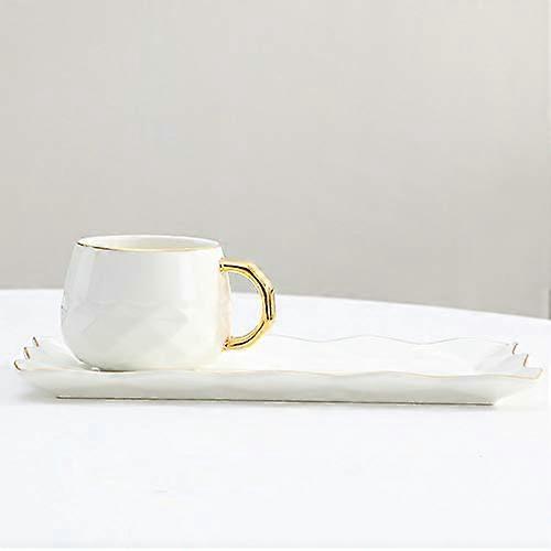 Nordic Ceramic Coffee Cup Spoon Tray Set, 250ml White Tea Mug with Diamond Pattern for Hot Cold Drinks