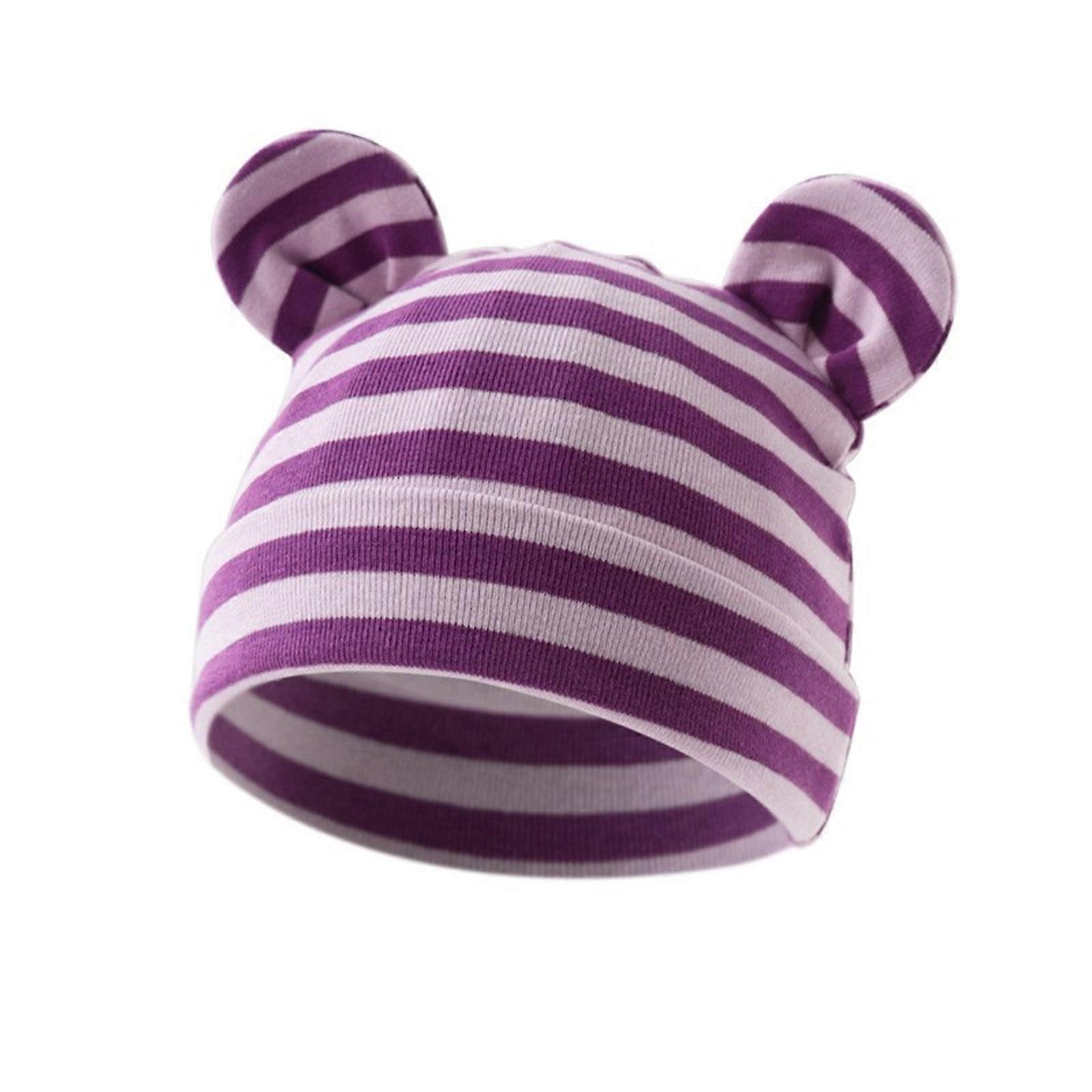 Baby Hat Newborns Nursery Hospital Hat Autumn Winter Breathable Baby Striped Hat Preemie Caps Infant Bear Ear Hat Purple pink stripes