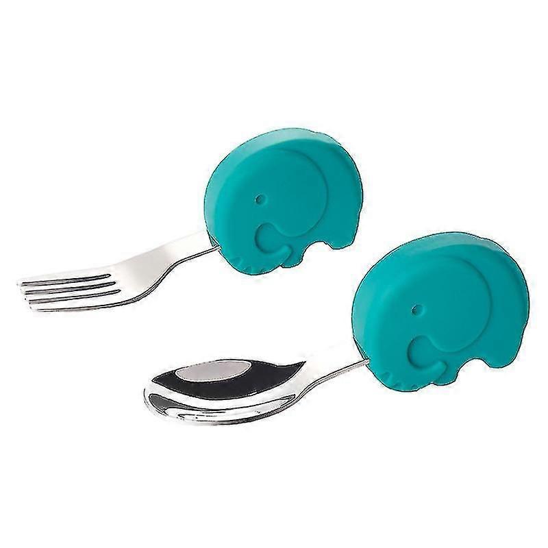 סט אימון כף ומזלג לתינוק 316 סט כלים שטוחים מפלדת אל-חלד וסיליקון (פיל, ירוק בהיר)