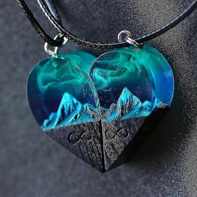 Wood Resin Paired Heart Pendants Mountains Necklace For Couple Birthday Valentine's Day