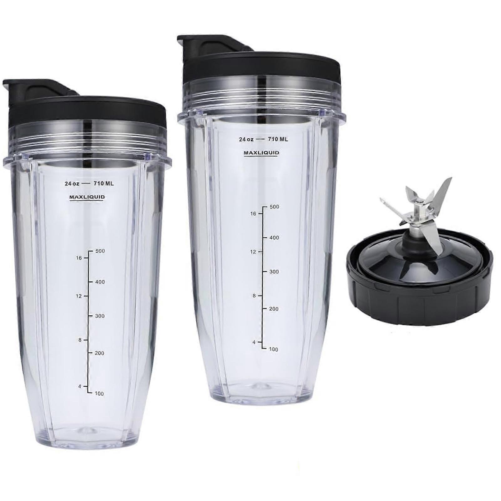 24oz Blender Cups and 7 Fins Blade for Ninja Nutri BN401, BN400, BN801, BN800, Replacement Cups with Sip and Seal Lids