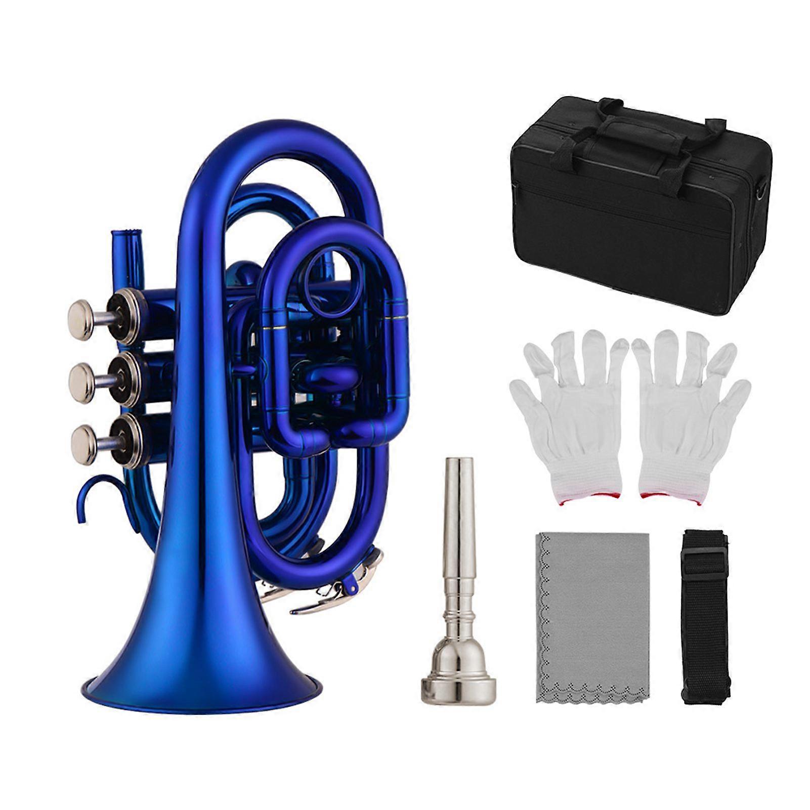 Mini Pocket Trumpet Bb Flat Brass Material Wind Instrument with Mouthpiece Gloves Cleaning Cloth Carrying Case