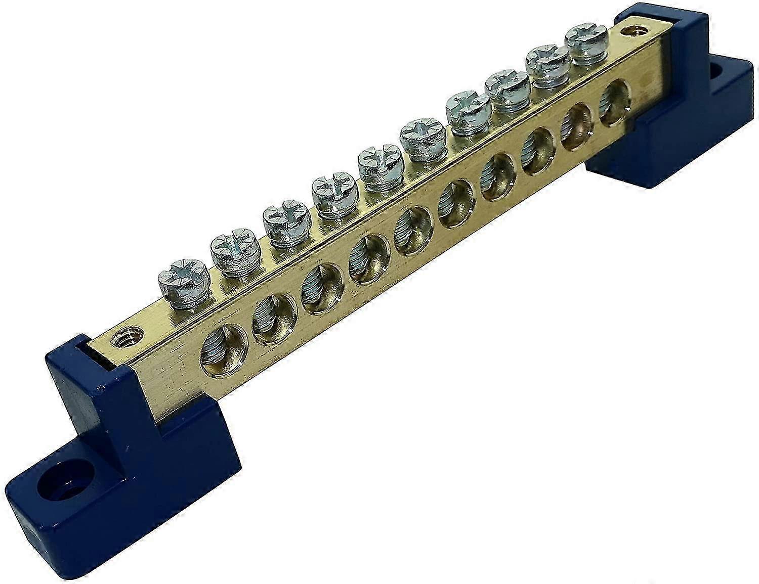 Non-Insulated Distribution Terminal Block for Electrical Panel - Neutral 10PIN - Connection - 110mm - Electrical Wire Connector - Blue/Brass