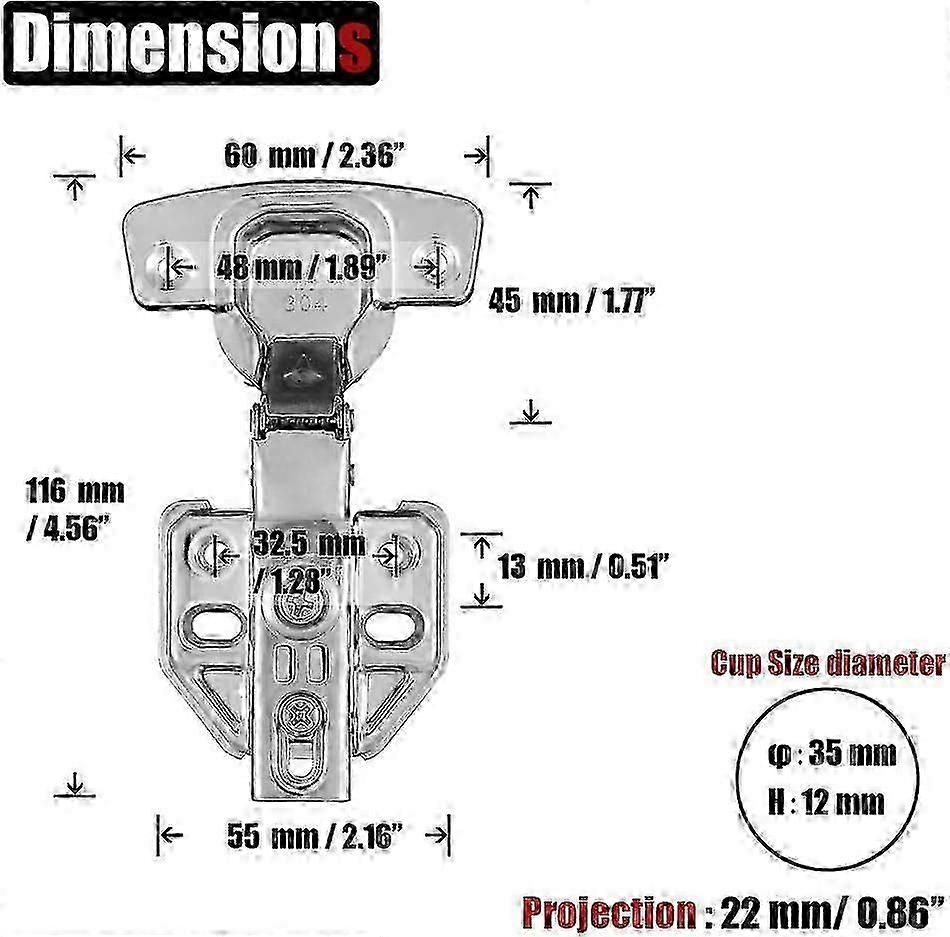 100 Degree Soft Closing Particle Overlay Door Hinges Suitable for Frameless Cabinets, Stainless Steel Nickel Plated Finish, 8 Pack Set