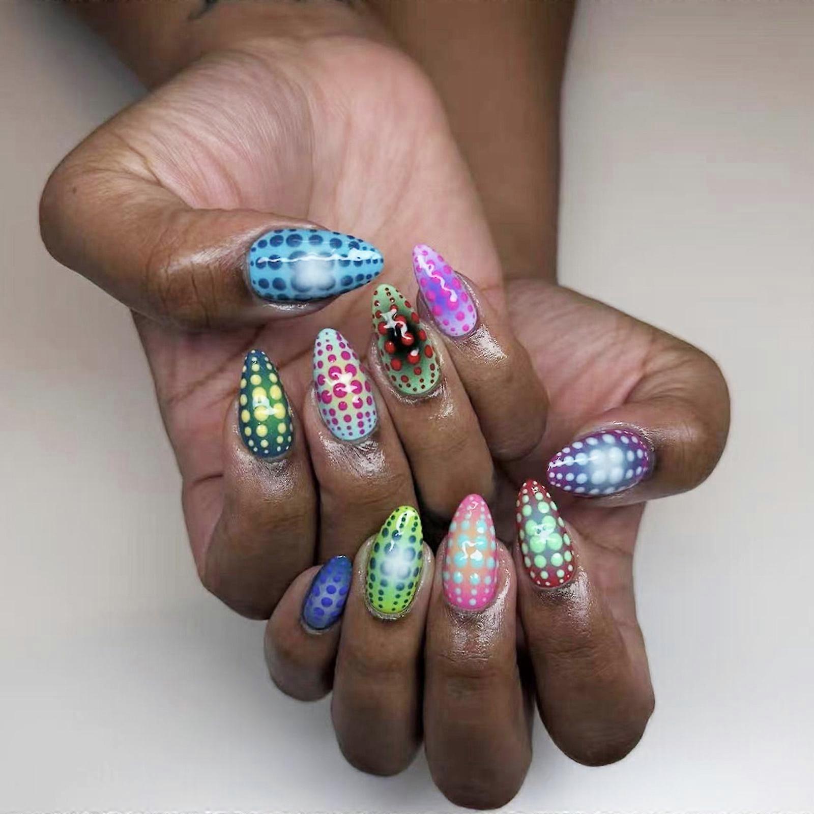 アーモンドプレスオンネイル光沢フェイクネイルスティックオンネイル12サイズ、DIYネイルアートデコレーション用の24個のフレンチネイルチップ