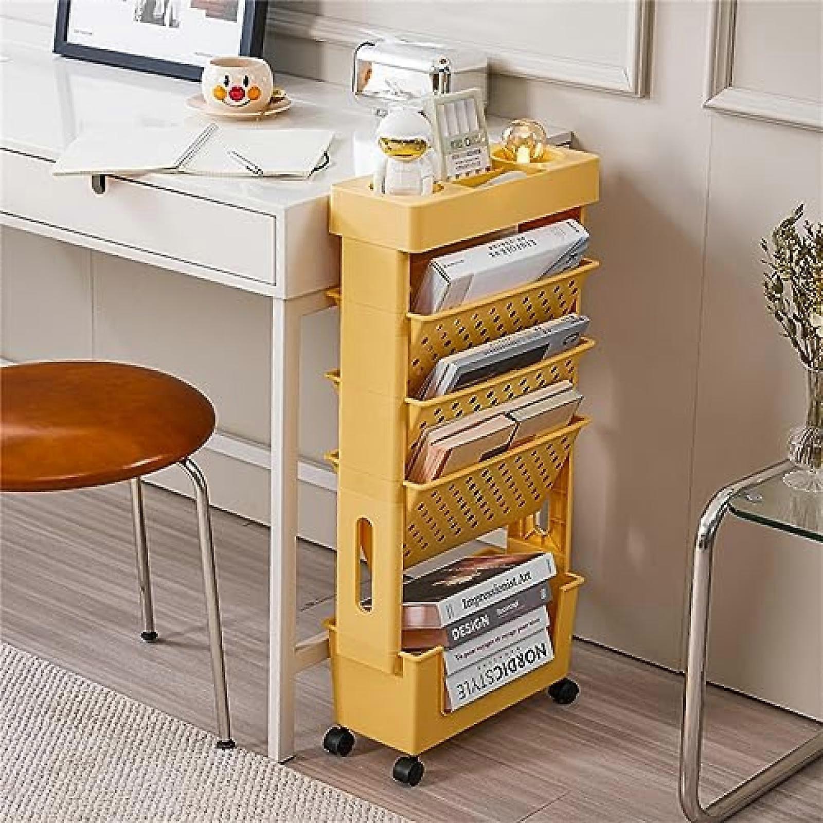 Magazine Rack, Mobile Bookcase on Wheels, Book Cart with Wheels, 5Tier Standing Shelf Trolley, Mobile Cart for Dorm, Classroom