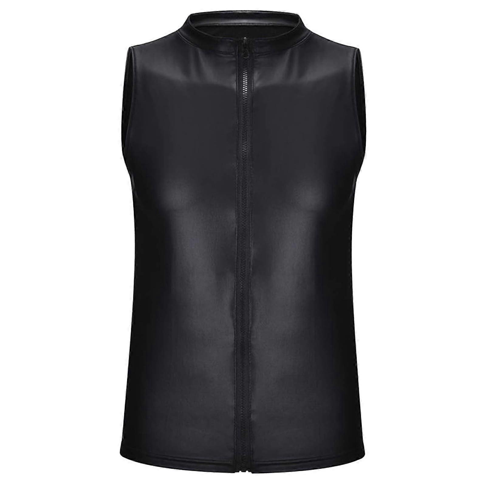 Men's long underwear, fashionable, casual, sleeveless patent with zipper for men, open crotch, black, size XL