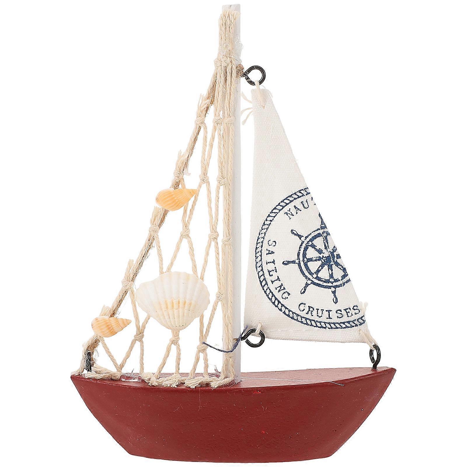 Red Wooden Sailboat Model for Decoration Mediterranean Style Craft Tool 1 Piece