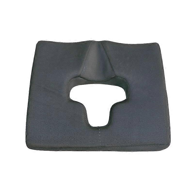 Antipressure relief cushion with cover, triangular Tshaped design for coccyx pain. Blue.