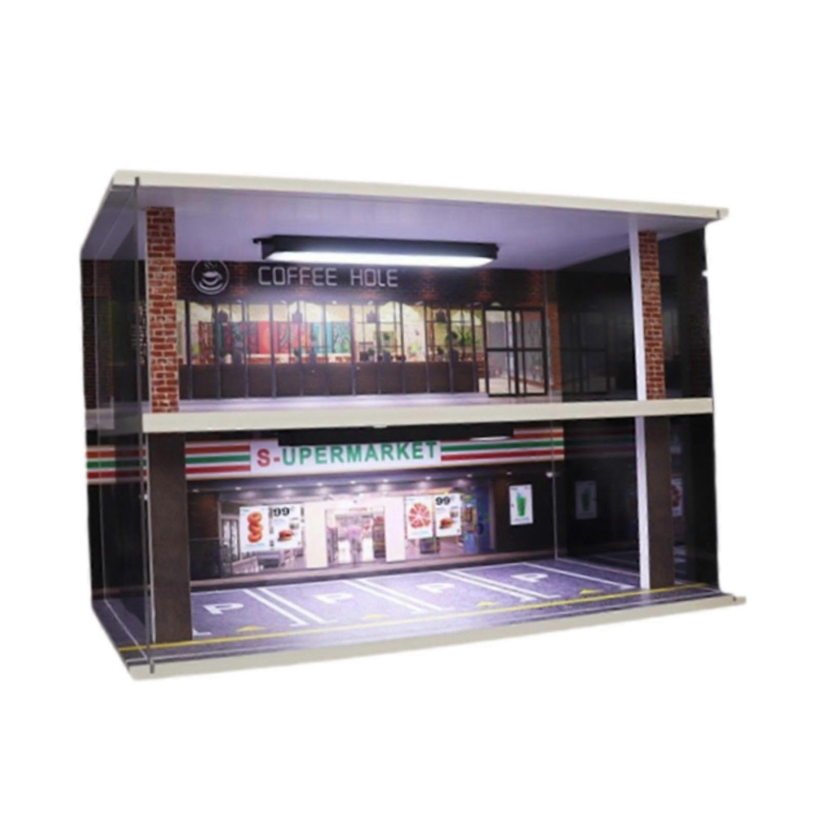 Vehicle model display case, doublelayer display stand in 1:32 scale with parking scene, car garage showcase for alloy cars