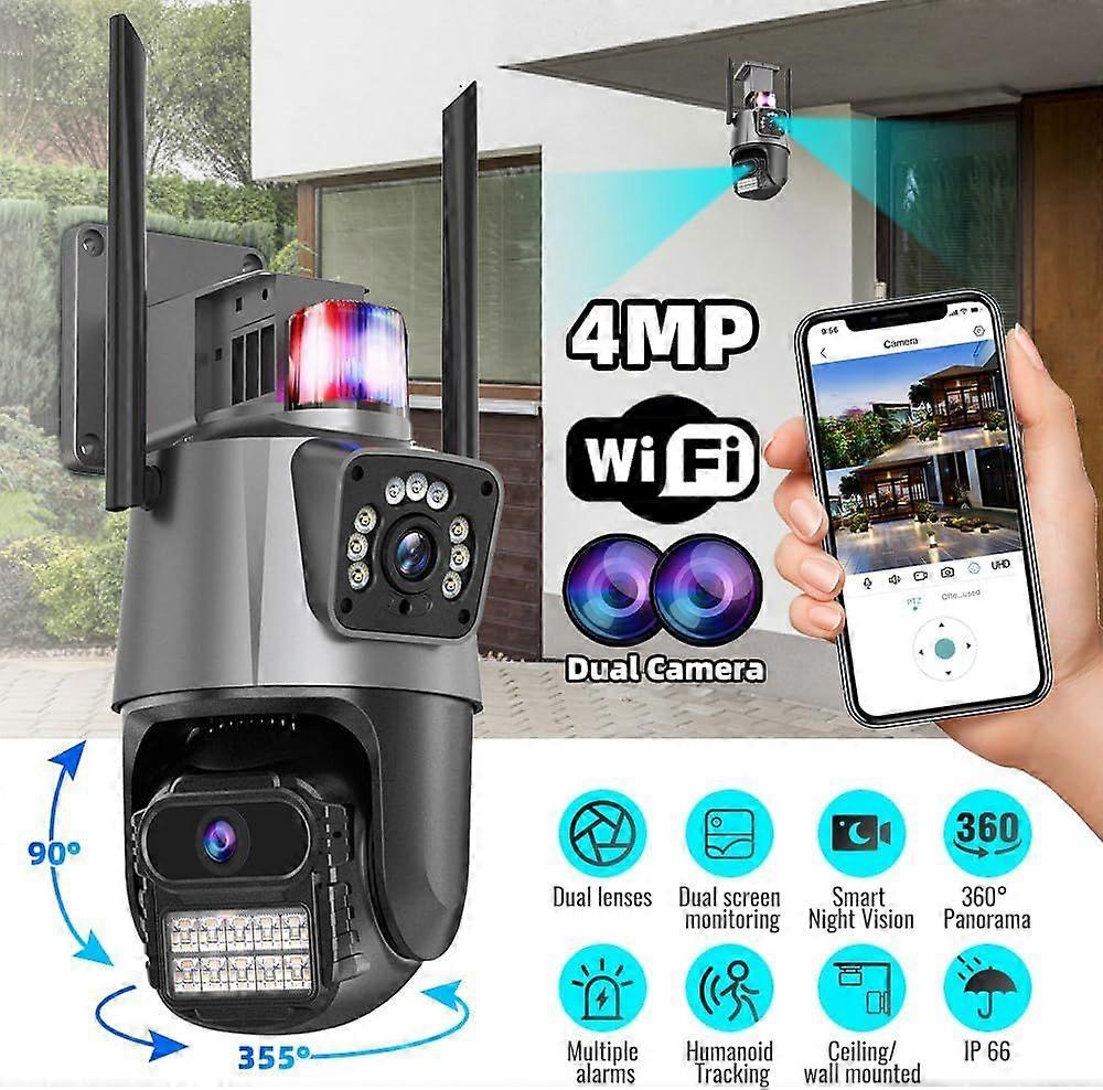 Telecamera di sicurezza da 4 MP Telecamere esterne wireless per la sicurezza domestica Telecamera Wi-Fi Visione notturna a colori, conversazione a 2 vie a 360 gradi Dual Lens -CAN