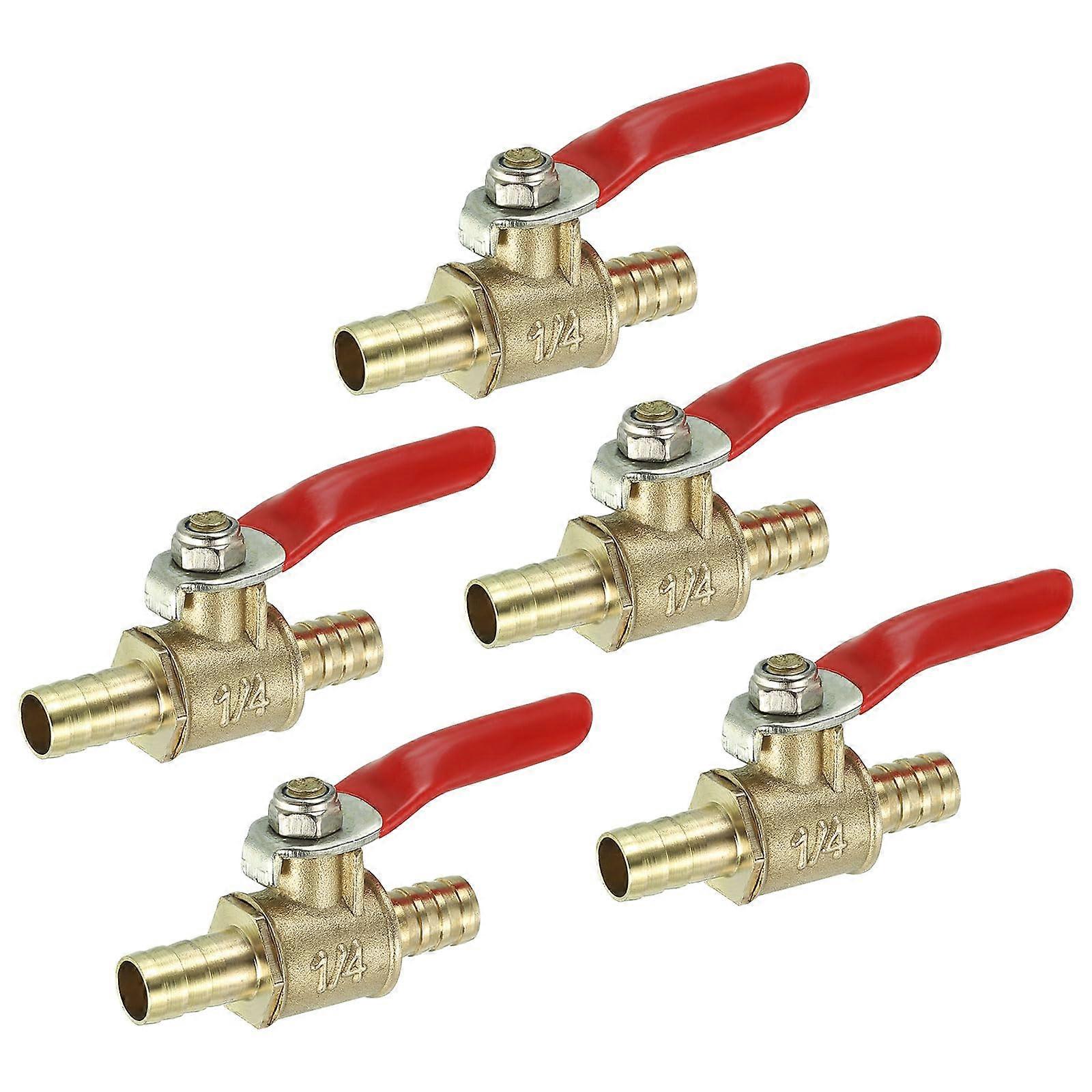 Mini Ball Valve 5/16 In Brass 90 Degree Shutoff With Hose Barb Fittings Red Handle Pack Of 5